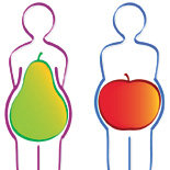 Zwei schematische Figuren, eine mit grün-gelber Birne im Bauchbereich, die andere mit rot-orangefarbener Apfelform im Bauchbereich.
