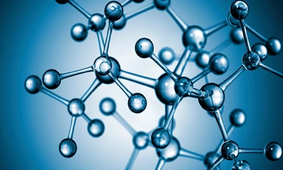Grafik einer Molekülstruktur aus blauen Atomen.