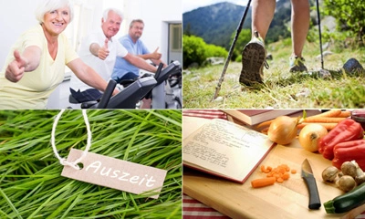 Eine Collage, die Personen auf Fahrradgeräten, eine Person beim Wandern mit Stöcken, ein „Auszeit-Schild“ auf Gras und Gemüse mit einem Kochbuch auf einem Schneidebrett zeigt.