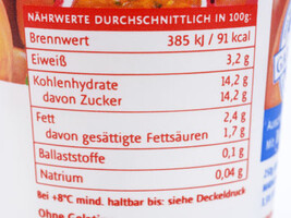 Nährwerttabelle mit Angaben zu Brennwert, Eiweiß, Kohlenhydraten, Fett, Ballaststoffen und Natrium pro 100 Gramm.