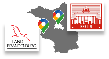 Karte von Brandenburg mit zwei farbigen Standortmarkierungen, links das Logo Land Brandenburg mit rotem Vogel, rechts rotes Berlin-Logo mit Brandenburger Tor und Schriftzug 'BERLIN'.